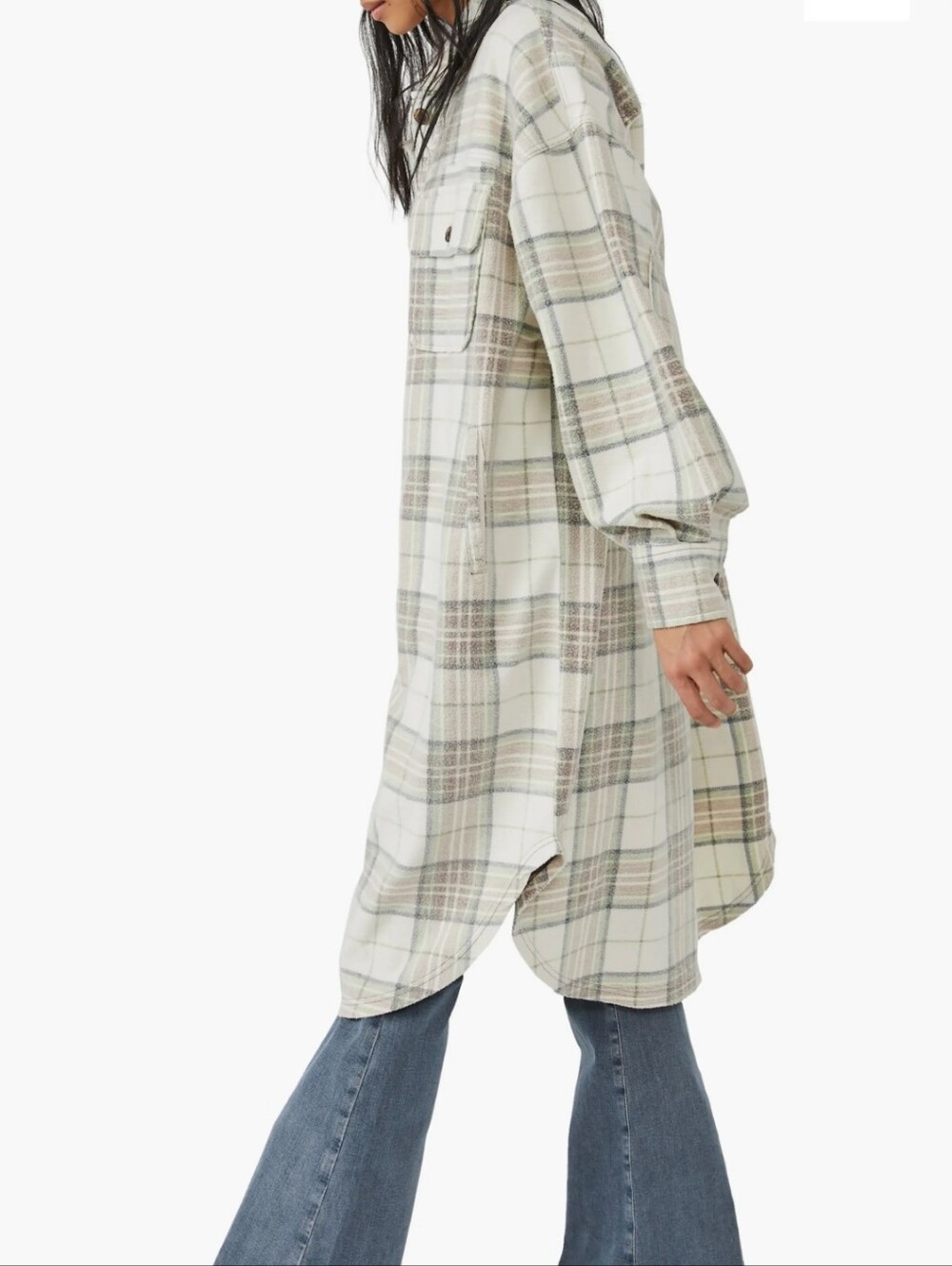 Free People Ruby Plaid Long Button-Up Jacket in Cream and Taupe